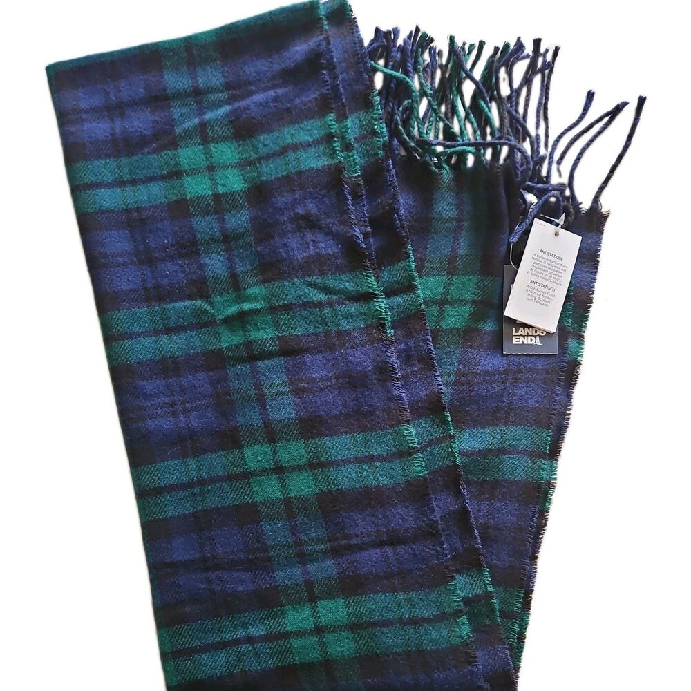 New Lands End Plaid Anti Static Scarf 3” Fringe